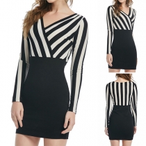 OL Style Long Sleeve V-neck Striped Spliced Slim Fit Dress
