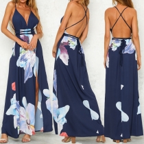 Sexy Backless Deep V-neck High Slit Hem Printed Sling Dress