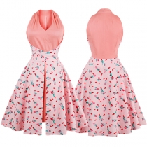 Fashion Sleeveless V-neck Contrast Color Printed Dress
