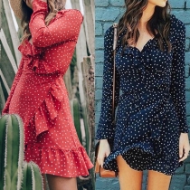 Sexy Deep V-neck Long Sleeve Stars Printed Ruffle Dress