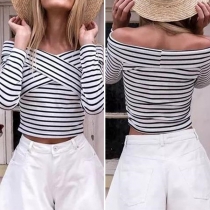 Fashion Wide Neckline Long Sleeve Crossover Striped T-shirt