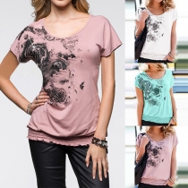 Fashion Short Sleeve Round Neck Elastic Hem Printed T-shirt