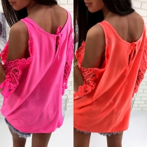 Sexy Hollow Out Lace Spliced Half Sleeve  Round Neck Solid Color Top