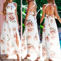 Sexy Backless High Slit Hem Printed Dress
