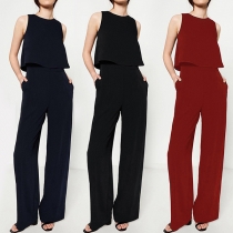 Sexy Backless Sleeveless Round Neck High Waist Solid Color Jumpsuit