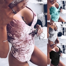 Sexy Backless Deep V-neck Solid Color Sling One-piece Swimsuit Bodysuit