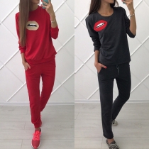 Cute Lips Printed Long Sleeve Round Neck Sweatshirt + Pants Sports Suit