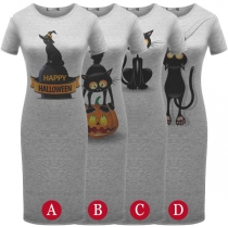 Cute Animal Printed Short Sleeve Round Neck Slim Fit Dress