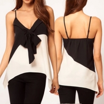 Sexy Backless Bowknot V-neck Irregular Hem Contrast Color Cami Top
