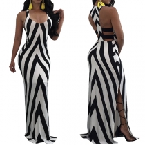 Sexy Backless Slit Hem Sleeveless Striped Party Dress