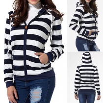 Fashion Long Sleeve Hooded Striped Sweatshirt Coat