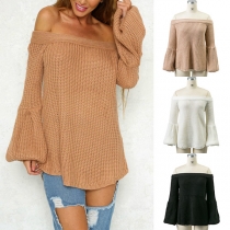 Sexy Off-shoulder Boat Neck Lantern Sleeve Solid Color Sweater