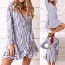Sexy Deep V-neck Long Sleeve Ruffle Striped Dress
