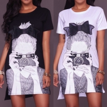 Fashion Short Sleeve Round Neck Cartoon Girl Pattern T-shirt Dress