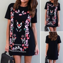 Fashion Short Sleeve Round Neck Printed T-shirt Dress