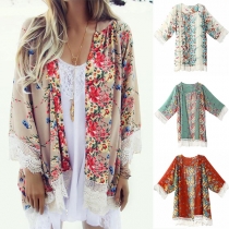 Bohemian Style Lace Spliced 3/4 Sleeve Printed Cardigan