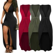 Sexy Deep V-neck Irregular Hem Sleeveless Solid Color Dress