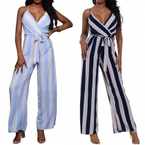 Sexy Backless V-neck High Waist Striped Sling Jumpsuit