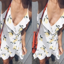 Sexy Deep V-neck Ruffle Printed Sling Dress