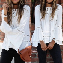 Fashion Solid Color Trumpet Sleeve Round Neck Top