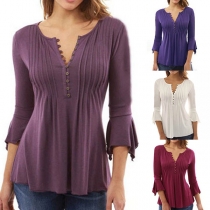 Fashion Solid Color 3/4 Sleeve V-neck T-shirt