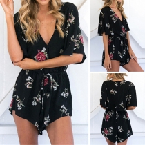 Sexy Deep V-neck Short Sleeve Elastic Waist Printed Romper