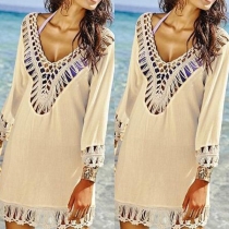 Fashion Hollow Out Crochet Spliced Long Sleeve V-neck Bikini Smock Dress