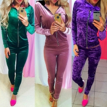 Fashion Solid Color Long Sleeve Hooded Sweatshirt Coat + Pants Two-piece Set