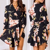 Sexy Deep V-neck Long Sleeve High Waist Irregular Hem Printed Dress