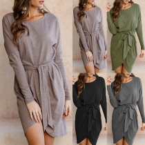 Fashion Solid Color Long Sleeve Round Neck Irregular Hem Dress with Waist Strap