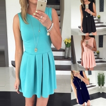 Fashion Solid Color Sleeveless Round Neck Pleated Hem Dress