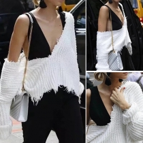 Distressed Style Long Sleeve V-neck Irregular Tassel Sweater