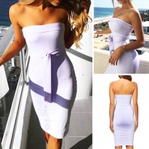 Sexy Strapless Solid Color Slim Fit Lace-up Party Dress