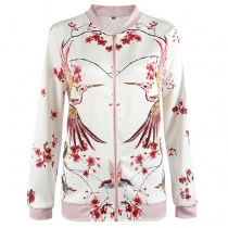 Fashion Long Sleeve Stand Collar Crane Printed Jacket