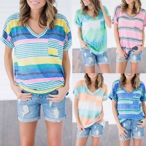 Fashion Short Sleeve V-neck Colorful Striped T-shirt