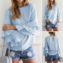 Fashion Solid Color Trumpet Sleeve Round Neck Top