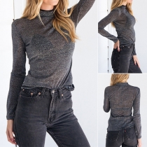 Sexy Long Sleeve Mock Neck See-through Gauze Top