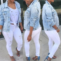 Distressed Style Long Sleeve POLO Collar Single-breasted Ripped Denim Coat