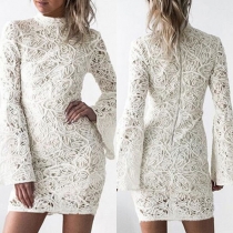 Elegant Solid Color Trumpet Sleeve Round Neck Slim Fit Lace Dress