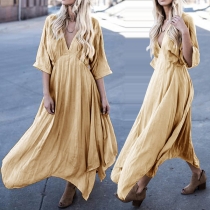 Sexy Deep V-neck Half Sleeve Irregular Hem Solid Color Dress
