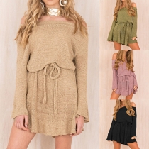 Sexy Off-shoulder Boat Neck Trumpet Sleeve Ruffle Hem Solid Color Knit Dress