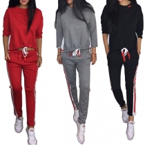 Fashion Long Sleeve Round Neck Drawstring Hem Sweatshirt + Pants Sports Suit