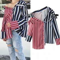 Fashion Contrast Color Long Sleeve Irregular Hem Striped Shirt