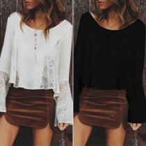 Fashion Lace Spliced Trumpet Sleeve Round Neck Solid Color Top