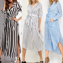 Fashion Long Sleeve POLO Collar Slit Hem High Waist Striped Dress