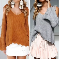 Sexy Off-shoulder V-neck Long Sleeve Solid Color Sweater