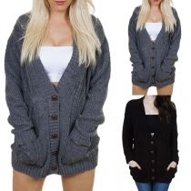 Fashion Solid Color Long Sleeve V-neck Knit Cardigan