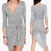 Sexy Deep V-neck 3/4 Sleeve Irregular Hem Slim Fit Dress