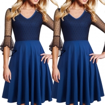 Sexy Gauze Spliced 3/4 Trumpet Sleeve V-neck Dress