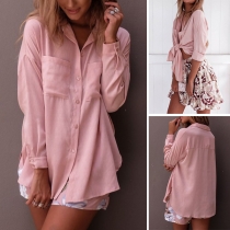 Fashion Solid Color Long Sleeve POLO Collar Loose Shirt